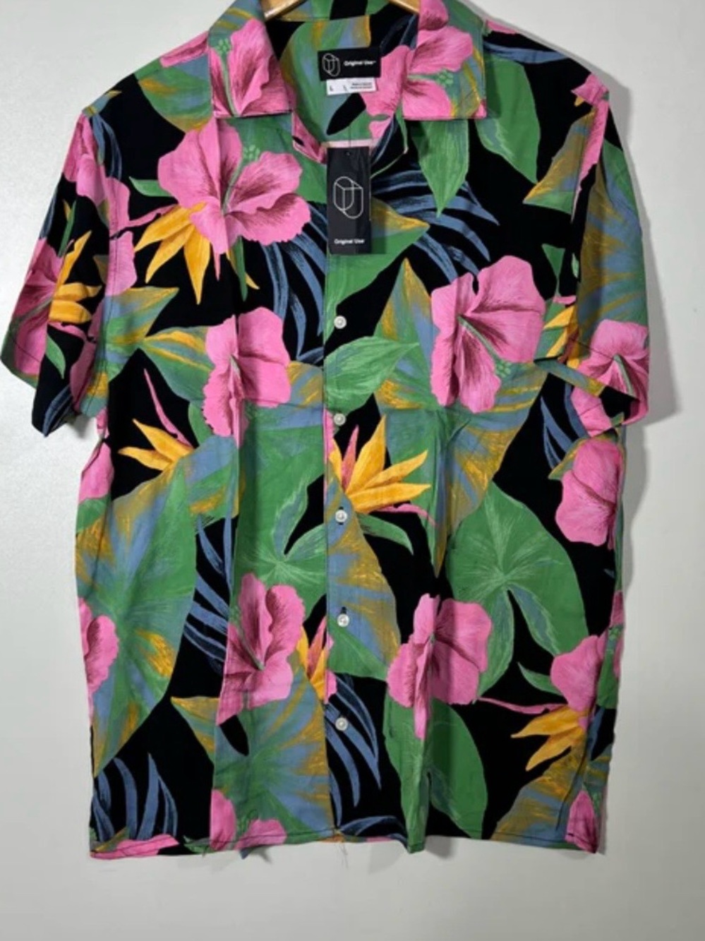 ORIGINAL USE Black Floral Hawaiian Camp Shirt with Pink & Green Print